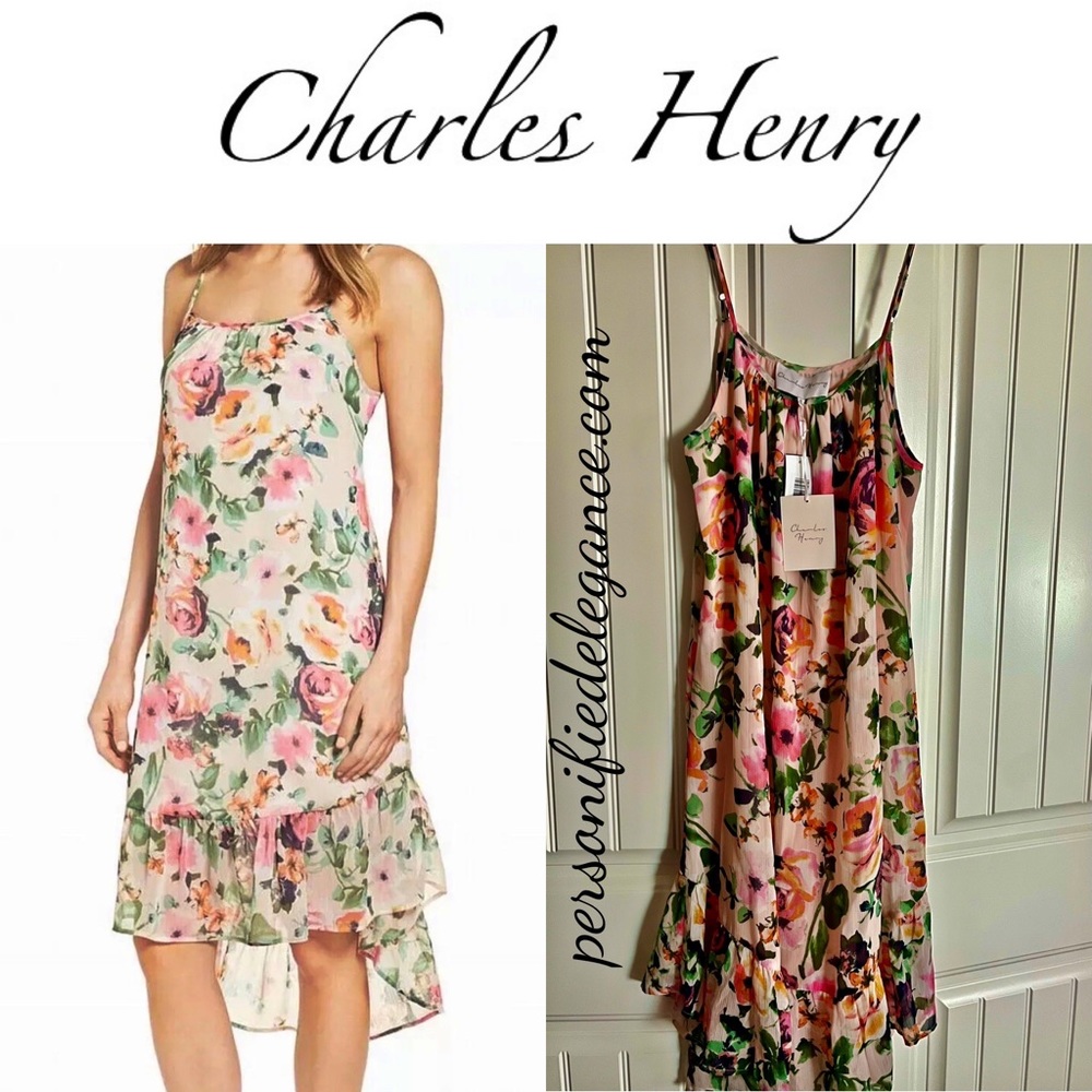 NEW Charles Henry Hi-Lo Pink Floral Midi Chiffon Dress Size XL